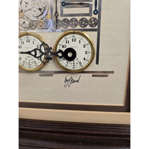 Shadowbox Framed Train Artwork Clock Parts Collage by Girard - Picture 3 of 8
